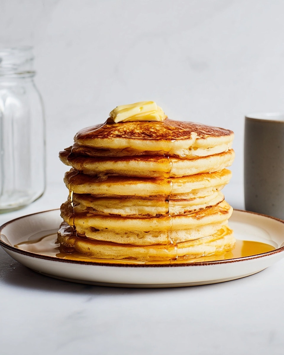A stack of six golden brown pancakes sits in the center of a white plate with a thin brown rim, each pancake showing a soft, fluffy texture with slightly crispy edges. At the top of the stack, a melting pat of pale yellow butter rests, slowly spreading as amber syrup drips down all layers, creating shiny, sticky trails on the pancakes and pooling slightly on the plate. The background is a clean, white marbled surface with a clear glass jar on the left and a gray cup on the right, adding subtle balance to the scene. Photo taken with an iphone --ar 4:5 --v 7
