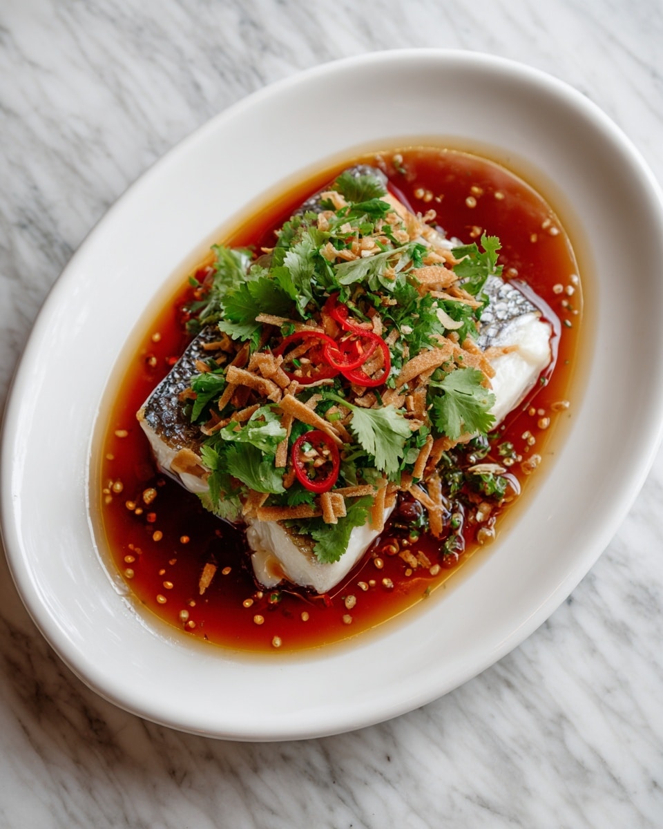 A white oval plate holds a piece of cooked fish with shiny silver skin as the bottom layer, sitting in a pool of reddish-brown sauce with small oil bubbles. On top of the fish, there is a layer of fresh green cilantro leaves mixed with thin slices of red chili, adding bright red and green colors. The top layer is made of thin, light brown, crispy fried strips that look crunchy. The plate is placed on a white marbled surface. photo taken with an iphone --ar 4:5 --v 7