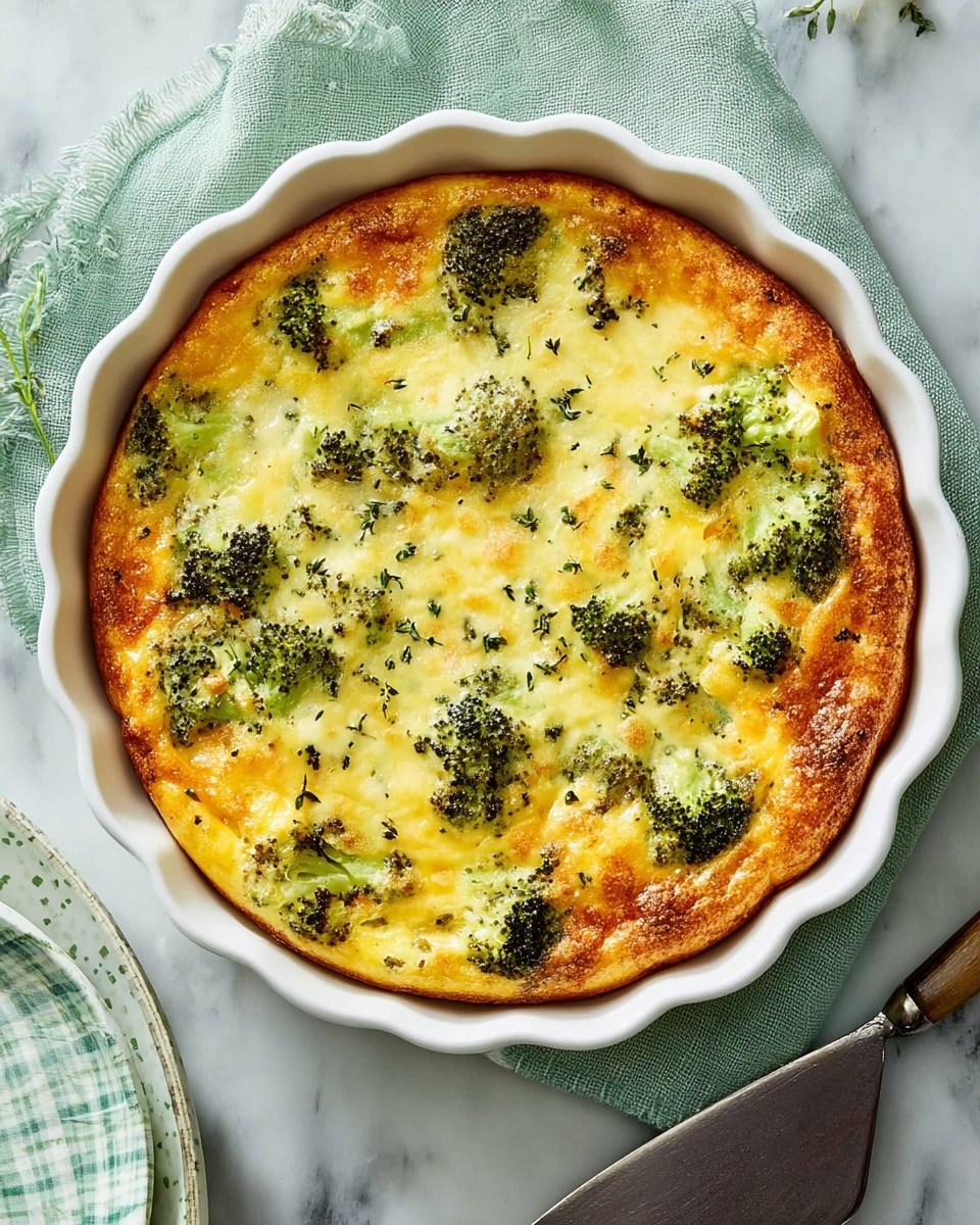 A round white scalloped ceramic dish holds a baked broccoli and cheese casserole. The casserole has a golden-brown crust around the edges, with bright green broccoli florets visible across the surface. The middle layer is a creamy yellow cheese mixture that looks soft and slightly browned, sprinkled with small bits of herbs. The dish sits on a white marbled texture surface with a pale green cloth to one side and a white plate with a green checkered rim nearby. A metal spatula with a dark handle rests partly under the casserole dish. photo taken with an iphone --ar 4:5 --v 7