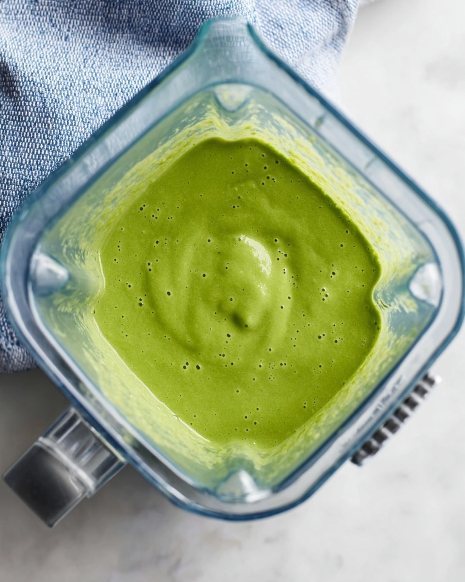 A clear blender container sits on a white marbled texture surface, filled with a smooth, bright green puree that has a creamy texture with tiny bubbles scattered across the surface. Part of a blue and white cloth is seen in the top left corner, adding a soft contrast to the kitchen scene. The green mixture almost fills the container, with visible swirls showing the fresh blending action. Photo taken with an iphone --ar 4:5 --v 7