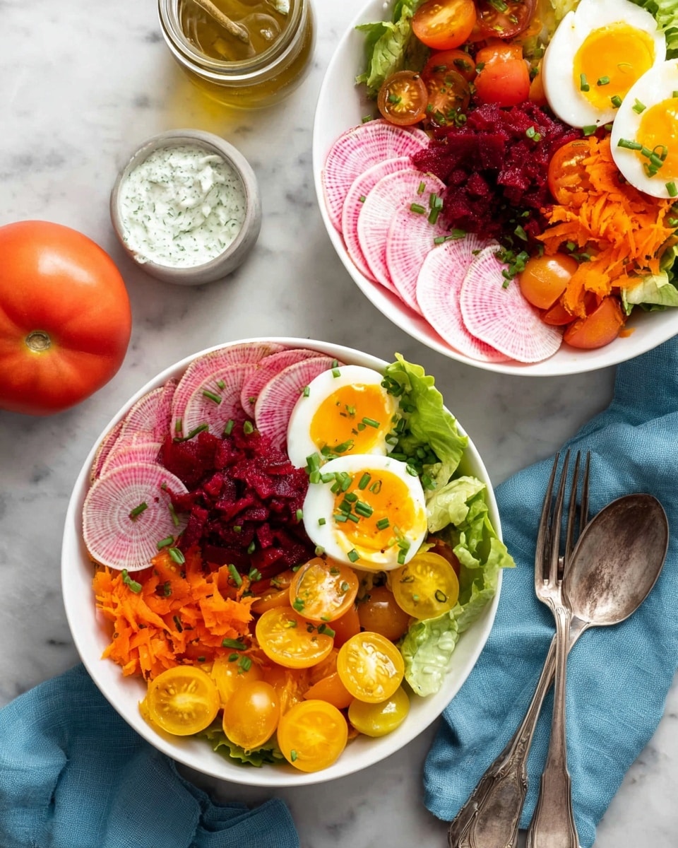 Two white bowls sit on a white marbled countertop, each filled with a colorful salad arranged in distinct sections. Each bowl has a base layer of fresh green leafy lettuce, topped with halved soft-boiled eggs showing bright yellow yolks, sliced red radishes with white centers, diced red beets, orange shredded carrots, red and yellow tomato wedges, and chopped herbs sprinkled on top. In front of the bowls are two forks crossed, two lemon wedges, and small dishes of white sauce with green herbs. Around the bowls are more ingredients: fresh green herbs, whole eggs in a dark bowl, red radishes with green tops, a small clear glass bottle of yellow oil, a few cloves of garlic, and a silver food processor mixing a white sauce with green specks. A yellow pepper mill stands towards the back against a white tile wall. photo taken with an iphone --ar 4:5 --v 7