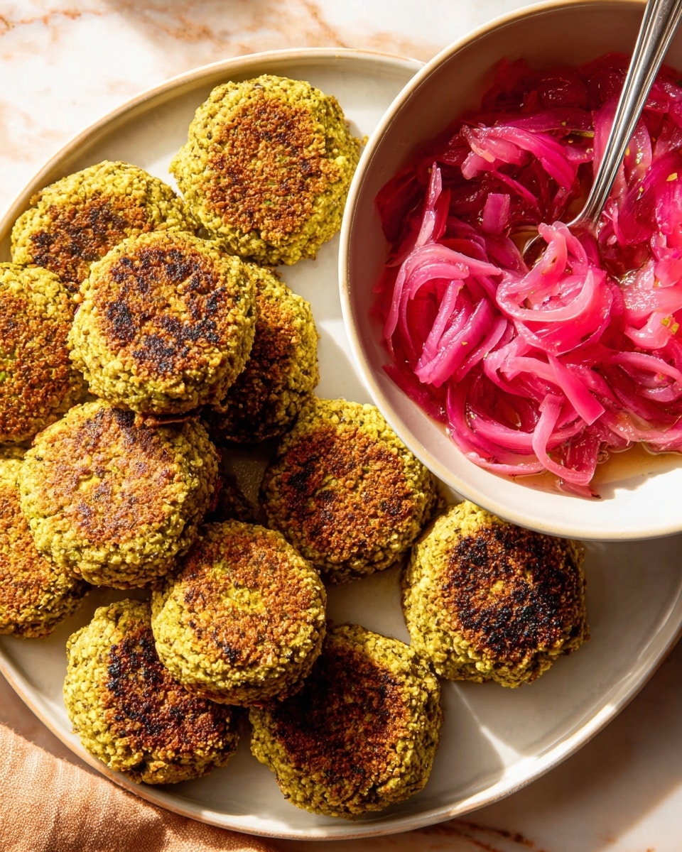 The image shows a white plate with nine falafel patties arranged in a close group. Each falafel is round and slightly flattened, with a textured surface of greenish-yellow color and browned spots on top, showing a crispy outer layer. To the right of the falafel is a white bowl filled with bright pink pickled onions, sliced into rings and soaking in liquid, with a silver fork resting inside the bowl. The setting is on a white marbled surface with soft natural light highlighting the food's textures and colors. Photo taken with an iphone --ar 4:5 --v 7