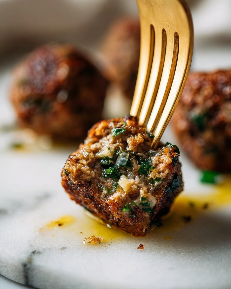 A close-up of a small, browned meatball pierced by a gold fork. The meatball has a textured, crispy outside with visible green herbs inside, mixed with bits of onion or garlic. It sits on a white marbled surface with some golden oil glistening around it. In the blurred background, two more meatballs are visible, darker and out of focus, placed on the same white marbled texture. photo taken with an iphone --ar 4:5 --v 7