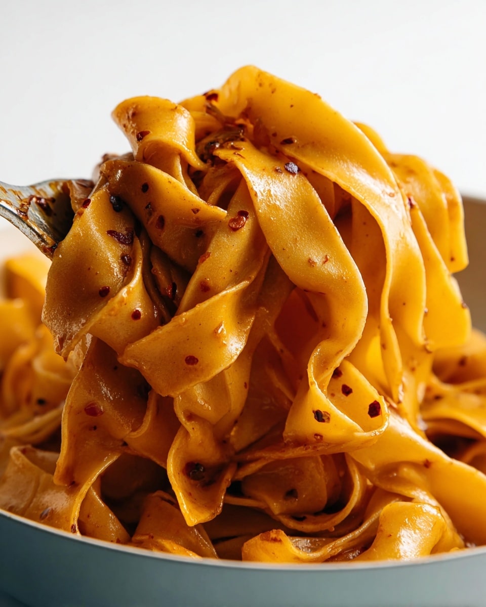 Close-up of wide, flat pasta noodles twisted around a metal utensil, with a glossy orange-brown sauce coated thickly on each ribbon-like layer, showing small flecks of red chili and black pepper throughout. The pasta strands look soft and slightly curled at the edges, sitting inside a white pan with a glimpse of the white marbled surface below. The background is plain white, highlighting the texture and color of the sauced noodles. photo taken with an iphone --ar 4:5 --v 7
