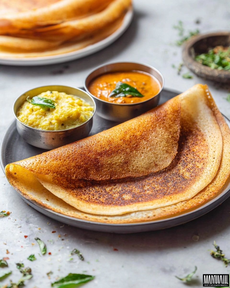 A crispy dosa folded in half with a golden-brown textured surface sits on a white plate. Next to the dosa, there are three small metal bowls filled with sides: one bowl has a yellow mashed potato mixture with green herbs, another bowl contains a smooth orange chutney garnished with a leaf, and the third bowl holds a brown chutney with a slightly thick texture. The plate is placed on a white marbled surface with some scattered green herbs around, and in the background, there is another white plate with more dosas, slightly out of focus. photo taken with an iphone --ar 4:5 --v 7