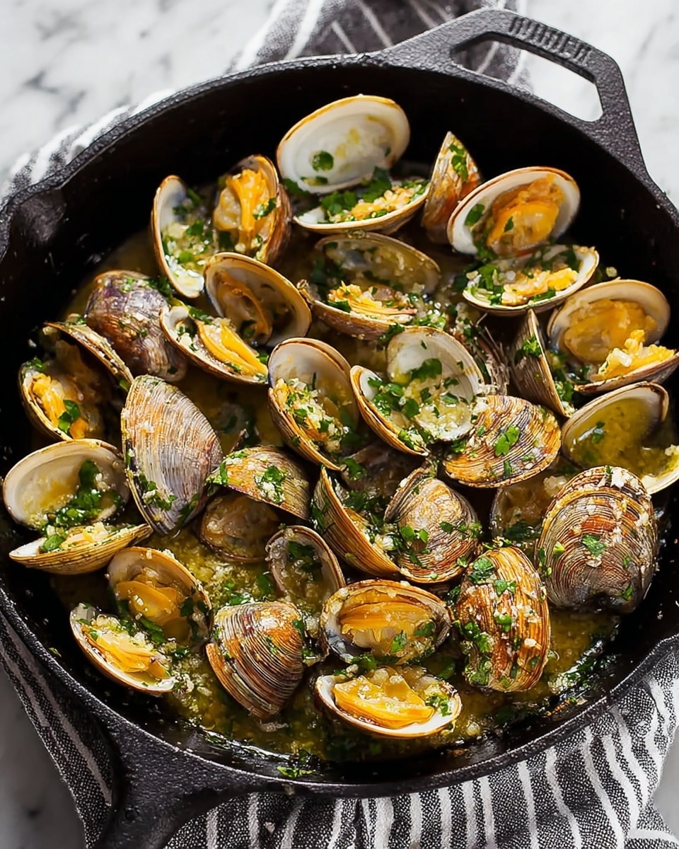 A black cast iron pan filled with cooked clams, arranged in a single layer showing shells both open and closed; the clam shells have a mix of brown, beige, and off-white colors with visible texture lines, while the clam meat inside is orange and pale yellow. The clams are topped with small chopped fresh green herbs and minced garlic, spread evenly across the dish, and some melted garlic butter pooling at the bottom adds a light yellow shine. The pan rests on a white marbled texture with a gray and white striped cloth partially underneath. Photo taken with an iphone --ar 4:5 --v 7