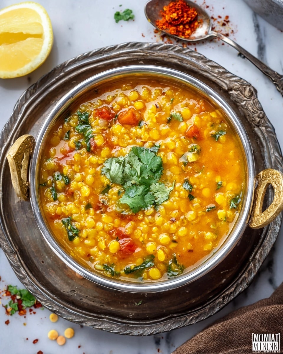 A metal bowl with golden handles filled with a thick yellow lentil soup that has small yellow lentils, orange tomato pieces, and some green herbs mixed throughout. The soup is topped with a few fresh green cilantro leaves in the center. The bowl sits on a rustic, dark silver tray with detailed edges, placed on a white marbled surface. To the left of the bowl, there is a wedge of yellow lemon and a silver spoon with bright red spice on it above the bowl. Some red spice and small green herb pieces are scattered around. photo taken with an iphone --ar 4:5 --v 7