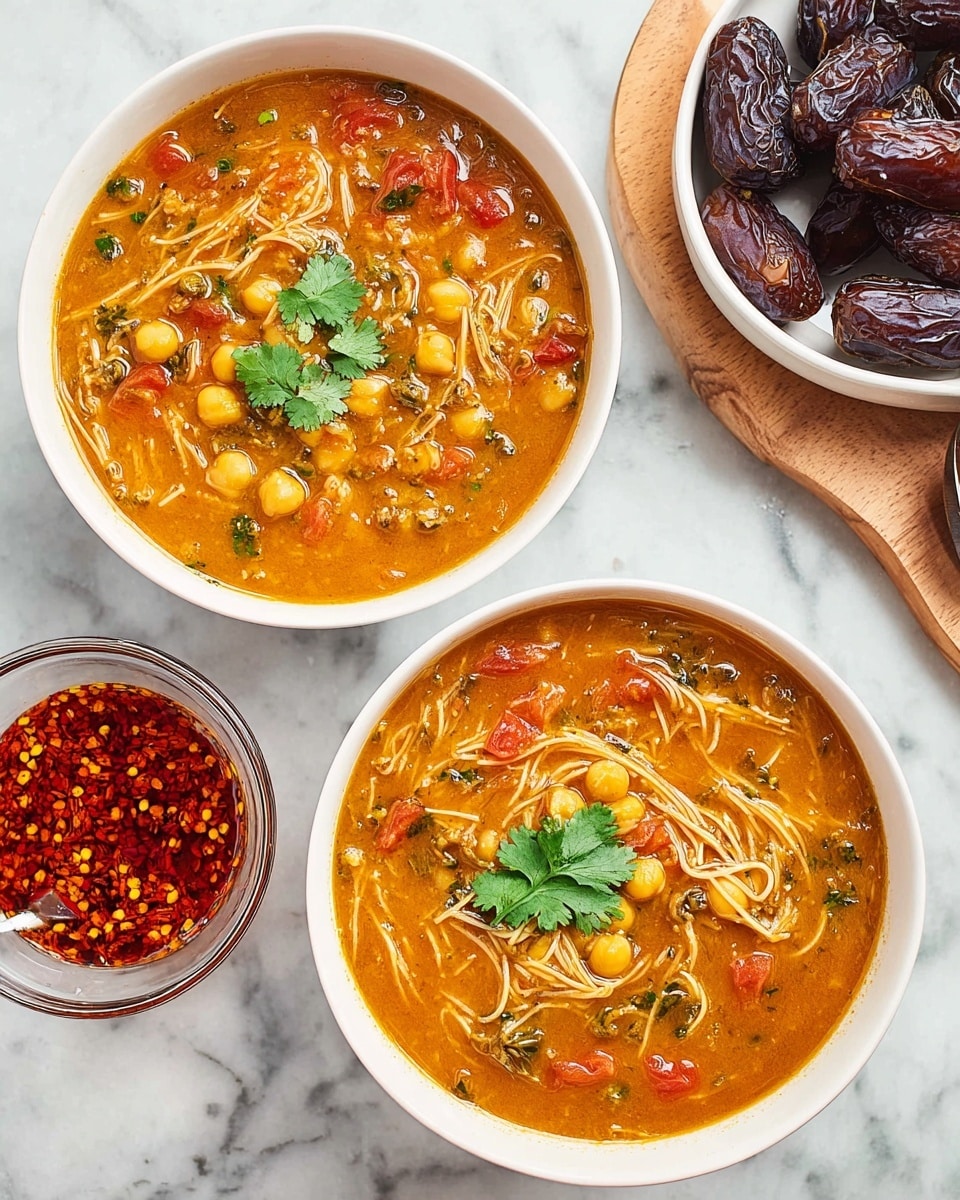 Two white bowls filled with a thick, orange-brown soup containing visible chickpeas, thin noodle strands, and small pieces of tomato and herbs, each bowl topped with a small garnish of fresh green cilantro leaves. Next to the bowls, there is a small clear glass bowl of bright red chili paste with visible chili flakes, and above that, a white bowl filled with dark brown dates. All items sit on a white marbled surface. photo taken with an iphone --ar 4:5 --v 7