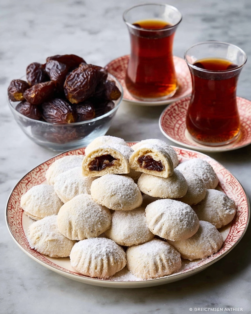 A plate filled with small round cookies, each with a light beige, crumbly outer layer dusted generously with white powdered sugar. One cookie is broken open to reveal a dark brown, dense, and moist filling inside. The cookies have a slightly fluted edge, giving a subtle texture to the smooth tops covered in powdered sugar. The plate is white, and the setting has a white marbled surface underneath. photo taken with an iphone --ar 4:5 --v 7