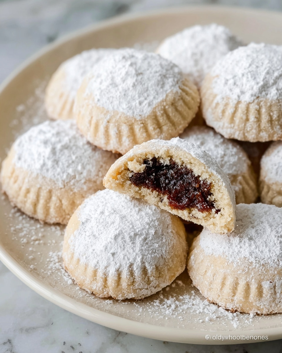 A large round white plate holds a pile of small round cookies dusted with white powdered sugar. The cookies have an outer layer of pale beige dough, with one cookie broken open to show a dark brown filling inside. Behind the plate, there is a small clear glass bowl full of dark brown dried dates. Two small clear glasses filled with reddish-brown tea sit on white saucers with red and beige patterns. The setting is on a white marbled surface. photo taken with an iphone --ar 4:5 --v 7