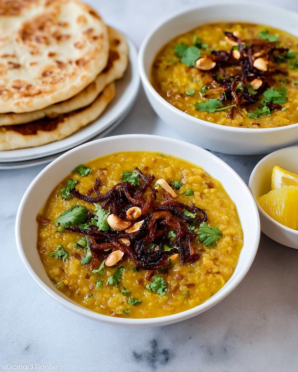 The image shows two white bowls filled with thick yellow lentil dal, topped with crispy fried dark brown onions, light brown nuts, and bright green cilantro leaves scattered on the surface. The texture of the dal is soft with some whole lentils visible. In the background, there is a white plate with several stacked flatbreads that have a pale golden color with slight browning. Next to the plate is a small white bowl containing yellow lemon wedges. The dishes are placed on a white marbled surface. photo taken with an iphone --ar 4:5 --v 7