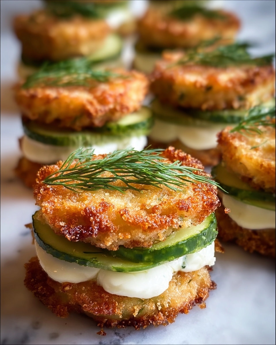 The image shows a close-up of small, round, golden-brown crispy patties stacked in pairs on a white surface with a white marbled texture in the background. Each stack has three visible layers: the bottom crispy patty, a middle layer of soft white cheese, and slices of green cucumber placed above the cheese. The top layer is another crispy patty with a crunchy texture, slightly uneven edges, and a light brown golden color. Fresh green dill sprigs are placed on top of each patty, adding a bright splash of color and texture contrast. The layers are thick and distinct, showing a fresh and appetizing combination. photo taken with an iphone --ar 4:5 --v 7