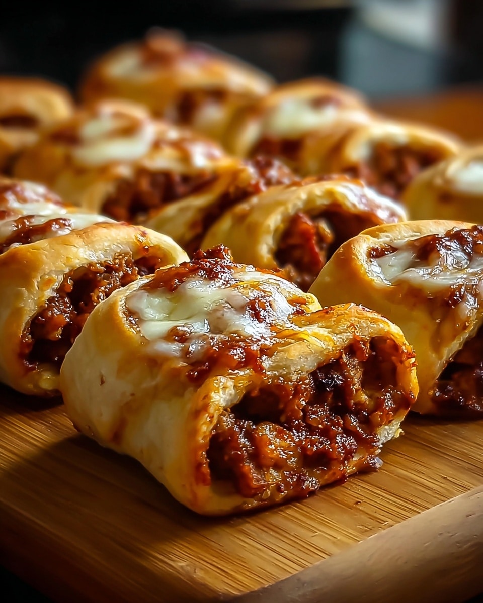 A close-up view of baked rolls arranged in rows on a wooden board, each roll showing three layers: a golden-brown outer crust that looks soft and lightly crispy, a middle layer filled with darker brown cooked meat mixture with a rich, chunky texture, and a topping of melted white cheese with small patches of reddish sauce drizzled on top. The rolls are tightly wrapped, revealing the filling at the open ends, with a warm, appetizing glow on the surface. The photo is taken with an iphone --ar 4:5 --v 7