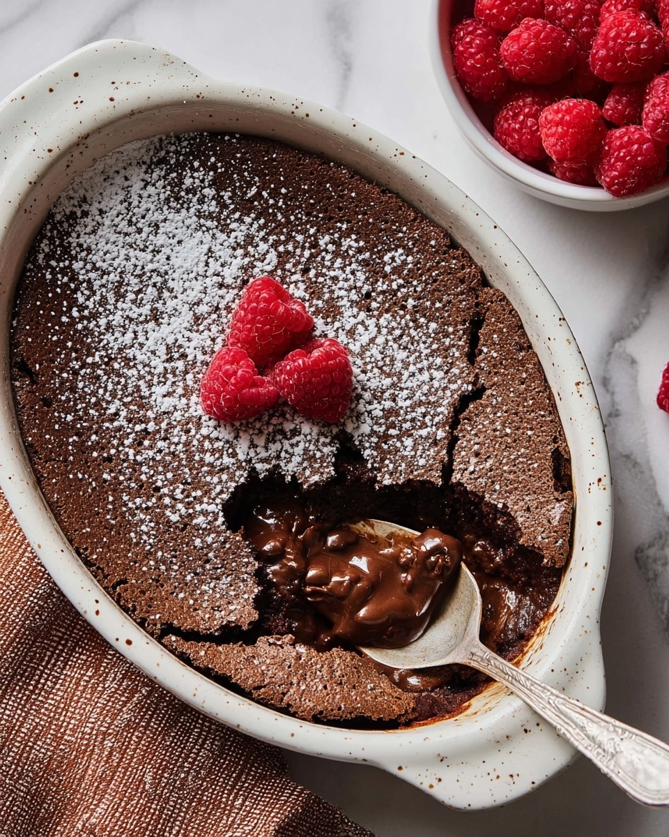 A white speckled oval ceramic dish holds a cracked chocolate dessert with a thin, crisp top layer of light brown and a gooey, dark brown molten chocolate layer beneath it. The cracked top reveals the melted, shiny chocolate inside. Three bright red raspberries sit on top near the center, and powdered sugar is lightly sprinkled over the surface. A metal spoon with a bit of the dessert rests inside the dish on the right side, slightly breaking the crust. The dish is placed on a white marbled texture surface, next to a small white bowl filled with fresh raspberries and a brownish woven cloth napkin. Photo taken with an iphone --ar 4:5 --v 7