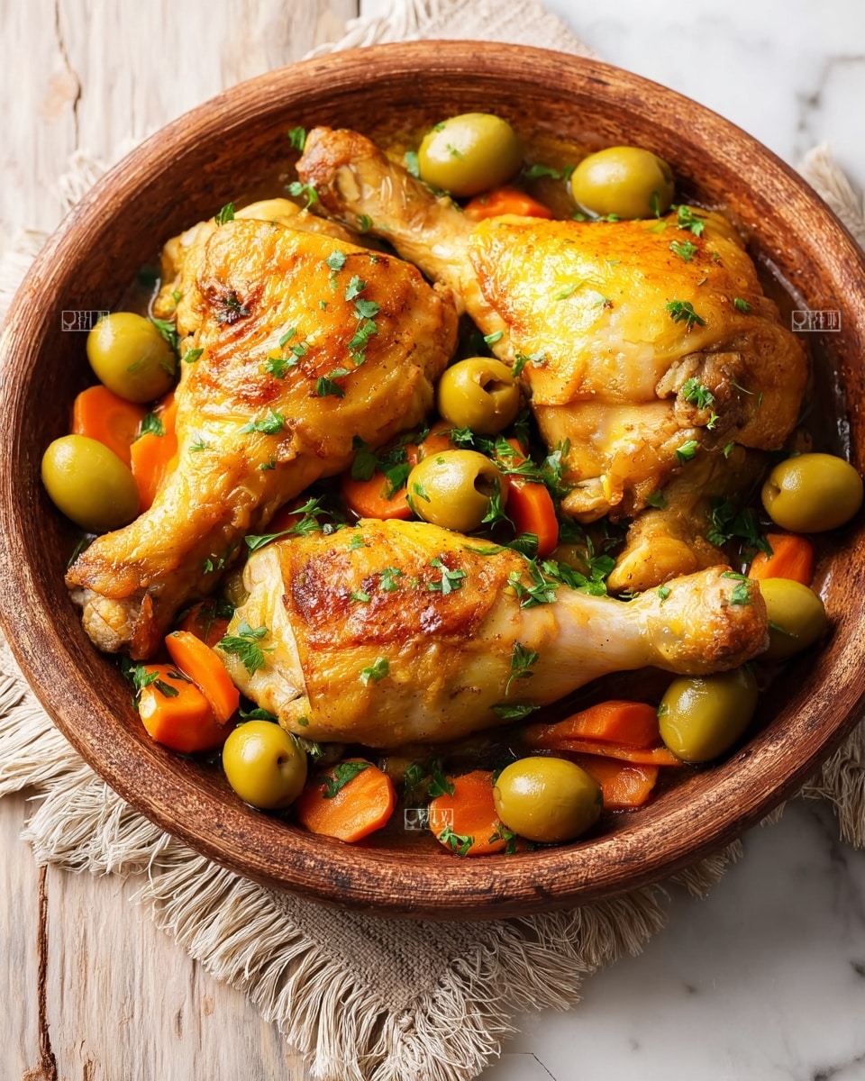 A rustic brown dish holds three pieces of cooked chicken with golden yellow skin, two drumsticks and one thigh placed on top. These chicken pieces rest on a bed of bright green whole olives and thick, round orange carrot slices mixed with thin green herbs and small vegetable pieces. The dish is on a white marbled surface with a beige, fringed cloth underneath, creating a warm and natural setting. The chicken's skin looks shiny and slightly crispy, contrasting with the smooth olives and soft vegetables. photo taken with an iphone --ar 4:5 --v 7