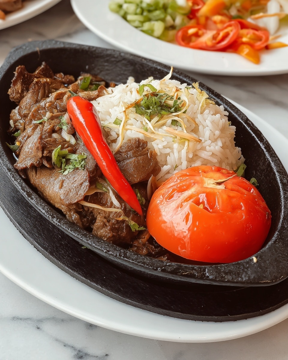 The dish shows a black oval serving bowl placed on a white plate, with a white marbled surface beneath. Inside the bowl, there are three main layers: a large piece of cooked brown meat with a slightly shiny texture on the left side, a mound of white rice mixed with small green herb pieces and thin noodle strands in the middle, and a whole bright red cooked tomato with a soft, slightly wrinkled surface on the right side. A long, smooth red chili pepper lies on top of the meat, spanning from left to right. In the background, there is a glimpse of another white plate with assorted chopped vegetables. Photo taken with an iphone --ar 4:5 --v 7