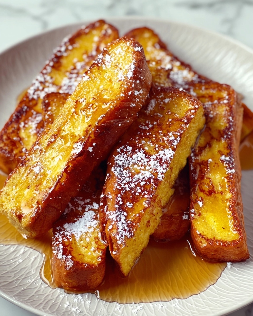 The image shows a close-up of several thick, golden-brown pieces of French toast sticks arranged on a white plate with a subtle texture. Each piece has a crispy, caramelized outer layer with a soft, bright yellow inside visible on some edges. The toast sticks are drizzled with a shiny, amber-colored syrup that pools around the base and highlights their glossy surface. A light dusting of white powdered sugar is scattered sparingly across some of the sticks, adding a delicate contrast to the rich colors. The plate sits on a white marbled texture surface. photo taken with an iphone --ar 4:5 --v 7