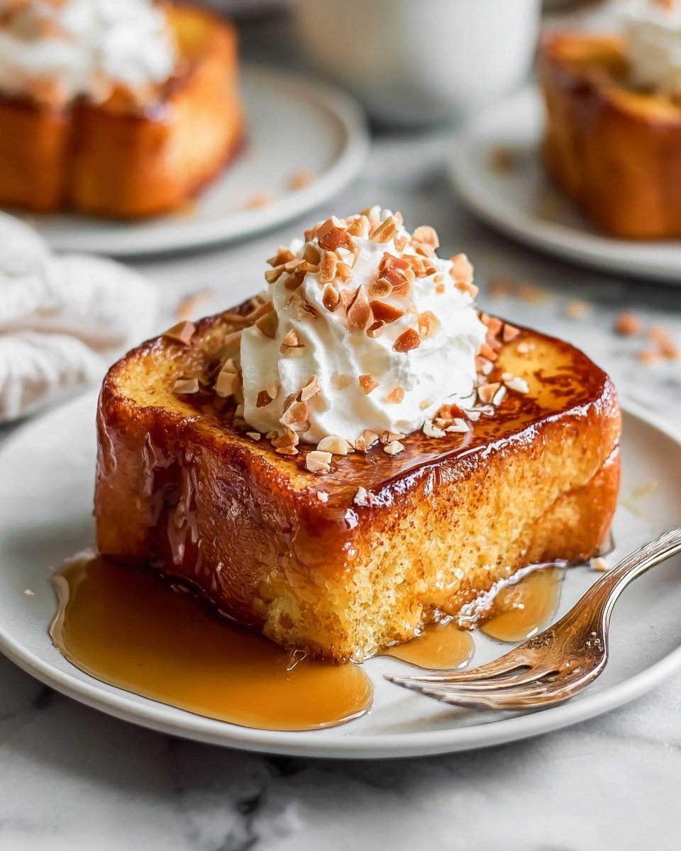 A thick slice of golden-brown French toast with a slightly crispy outer edge and soft, fluffy inside sits on a white plate. It is topped with a dollop of white whipped cream sprinkled with small, light brown crunchy flakes. Amber syrup is generously poured over the toast, dripping down the sides and pooling on the plate underneath. A silver fork rests beside the slice on the plate. The background is a white marbled surface with blurred plates of similar French toast in the distance. Photo taken with an iphone --ar 4:5 --v 7