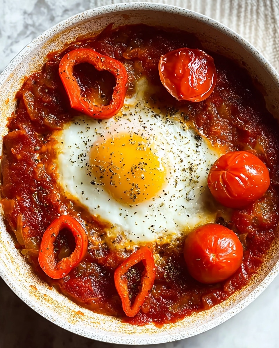 A white skillet filled with a cooked meal that has three main layers. The bottom layer is a thick red tomato sauce with visible chunks of cooked tomato and onion, covering the whole skillet base. In the center, there is a cooked egg with a bright yellow yolk and white egg whites lightly speckled with black pepper. On top of the tomato sauce around the egg, there are three red bell pepper rings and a halved cooked tomato adding contrasting shapes and colors. The edge of the skillet shows some browning from cooking. The skillet rests on a white marbled texture surface. photo taken with an iphone --ar 4:5 --v 7