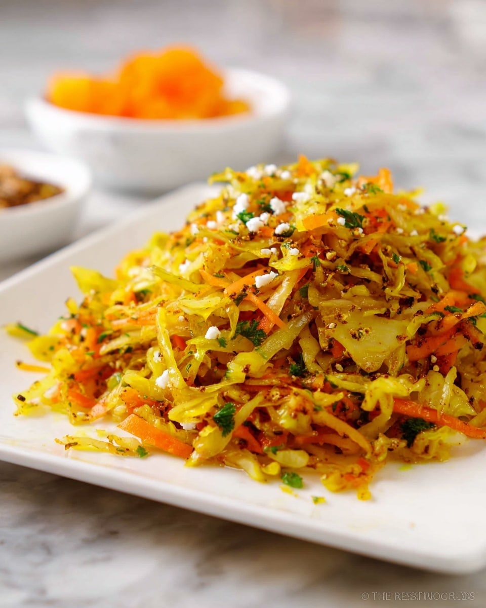 A mound of shredded yellow cabbage mixed with thin orange carrot strips is placed on a square white plate, topped with small white crumbles and sprinkled with green chopped herbs throughout. The dish has a textured, slightly oily look with visible seeds and spices scattered on top. In the blurred background, a small white bowl with orange pieces sits on a white marbled surface. The photo is bright and close-up, capturing the vibrant colors and fresh texture of the dish. photo taken with an iphone --ar 4:5 --v 7