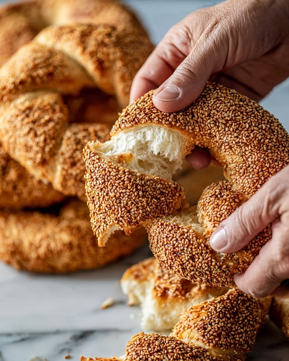 A close-up view of a pair of hands breaking a twisted sesame-covered bread ring. The bread has a golden-brown crust densely covered with light brown sesame seeds. The inside of the bread shows a soft, fluffy, and white texture being pulled apart, with the bread ring forming a rough circular shape. In the background, more similar sesame bread rings are piled up, resting on a white marbled surface, with soft natural light highlighting the textures. Photo taken with an iphone --ar 4:5 --v 7