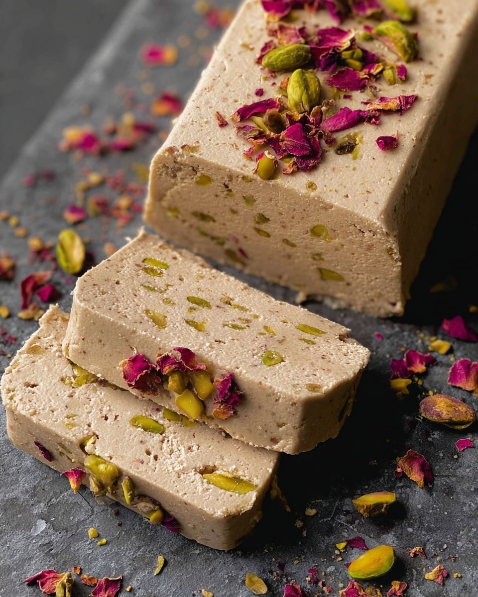 A light beige block of halva with a smooth, slightly cracked top layer is shown, cut into four thick, rectangular slices. The inside layers are dense and textured, speckled with whole and chopped green pistachios that add pops of color. The top is lightly sprinkled with small dried rose petals, giving a subtle pink contrast. The halva rests on a dark gray slate surface scattered with some whole pistachios and rose petals around it. photo taken with an iphone --ar 4:5 --v 7