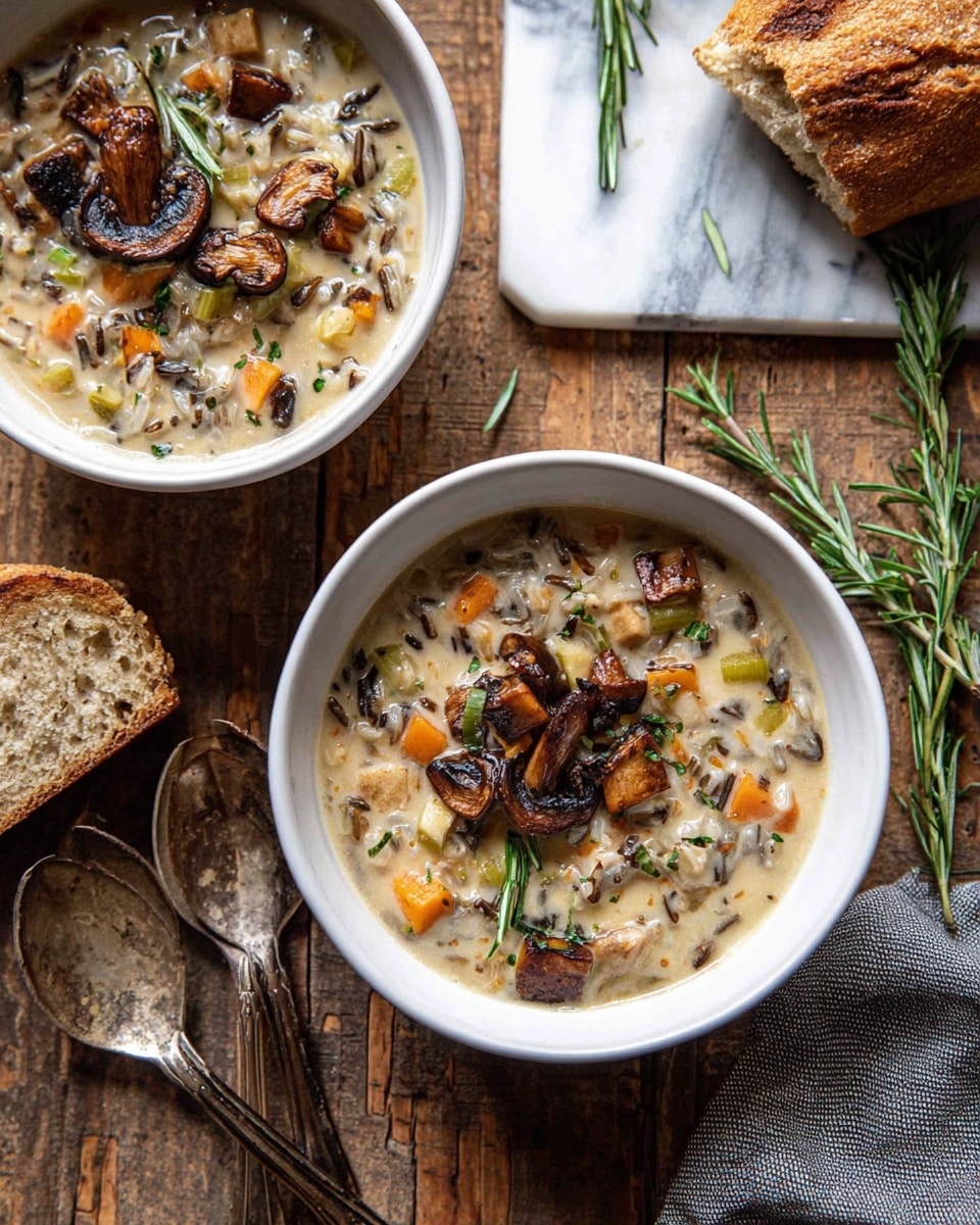 Two white bowls filled with creamy soup showing a mix of visible wild rice, diced orange carrots, tofu pieces, and green herbs, topped with several roasted brown mushrooms and a few sprigs of rosemary, all sitting on a rustic wooden surface with two vintage spoons and a piece of crusty bread nearby, a soft gray cloth and some rosemary sprigs are seen in the background replaced by white marbled texture. photo taken with an iphone --ar 4:5 --v 7