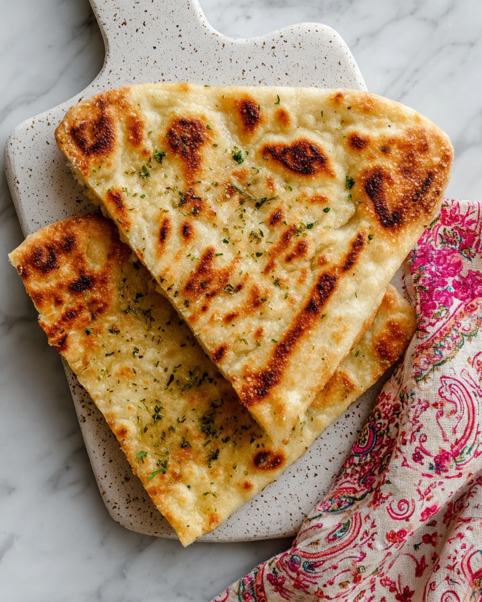 Two slices of flatbread lie overlapping on a white cutting board with a speckled pattern, placed on a white marbled surface. The flatbread has a golden-brown toasted pattern with some darker stripes on top and a slightly bubbled texture. The bottom slice is more uneven in thickness and texture, while the top slice is more evenly baked with shiny spots and a light sprinkle of herbs. A floral cloth with red and pink patterns rests nearby on the right edge of the cutting board. photo taken with an iphone --ar 4:5 --v 7