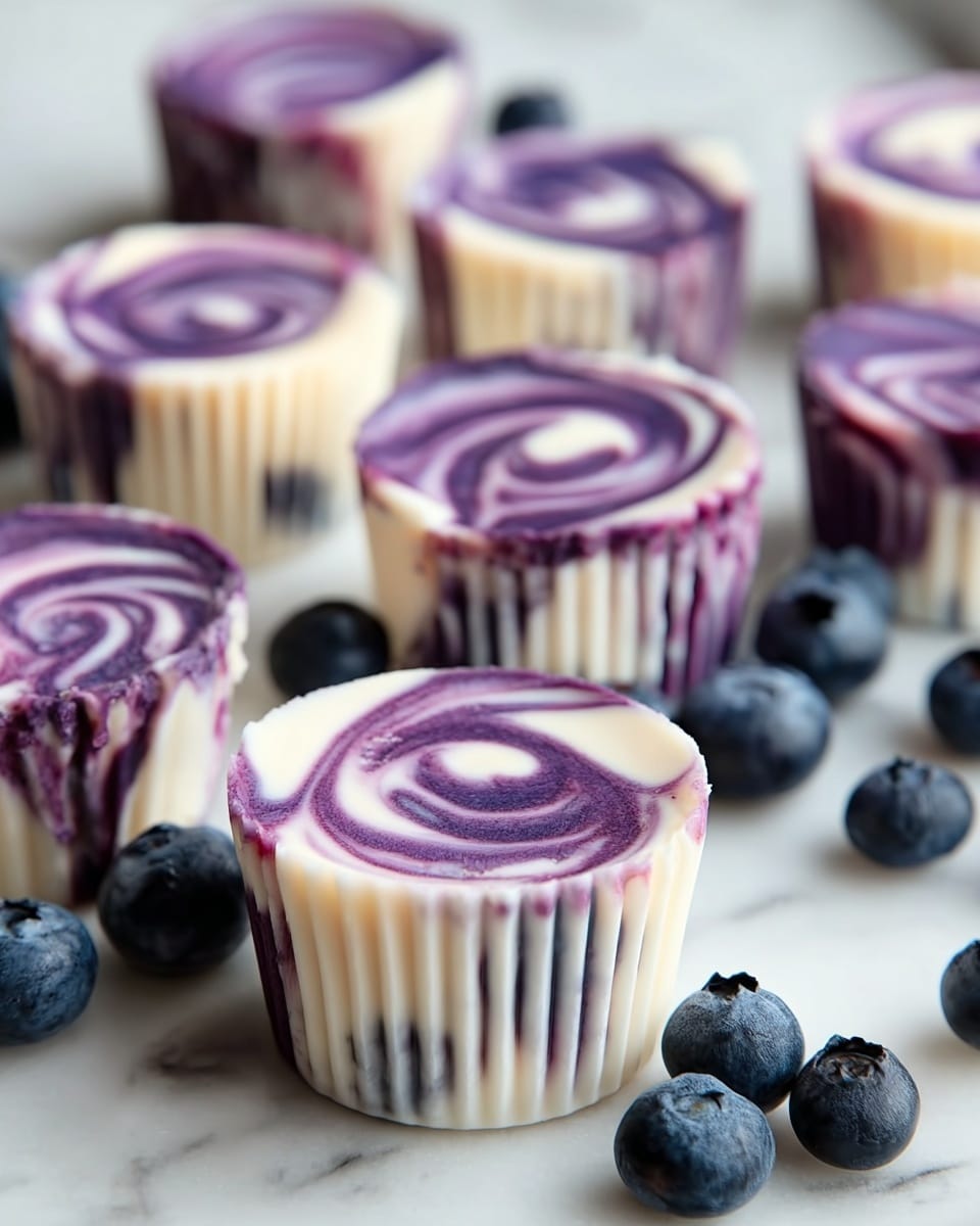The image shows several small cheesecake cups with two visible layers. The bottom layer is a creamy white color mixed with dark purple spots, and the top layer has a smooth swirl pattern in dark purple and creamy white, creating a marbled effect on each cup. The cheesecakes sit on a white marbled surface, scattered with fresh, whole blueberries around them. Each cheesecake is inside a white paper cup with fine ridges on the sides, and the overall scene is softly lit with a clear focus on the closest cheesecake cup. Photo taken with an iphone --ar 4:5 --v 7