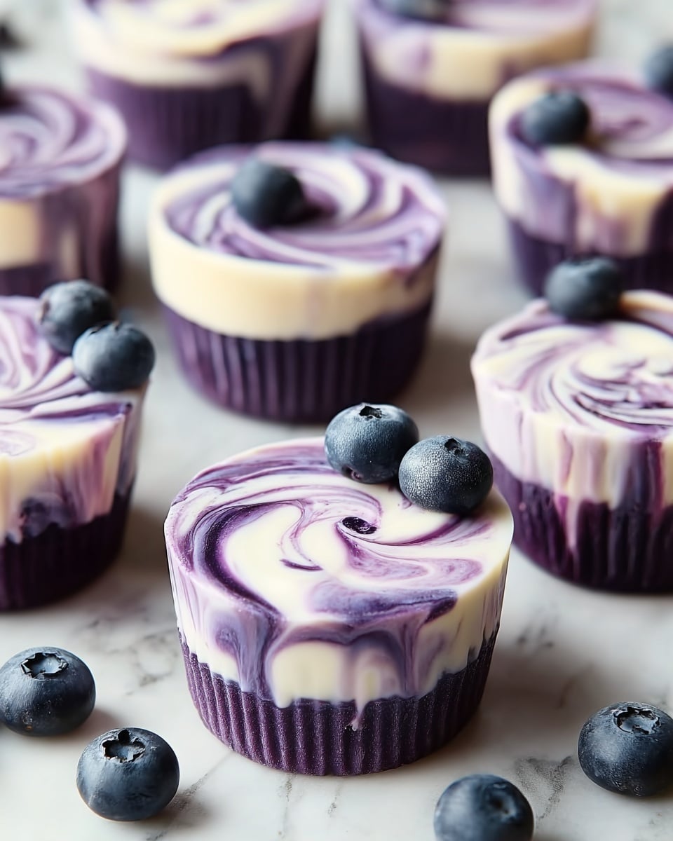 The image shows a group of small cupcakes on a white marbled texture surface, each cupcake having two visible layers: a deep purple base layer and a top layer with a smooth, creamy white and purple swirl pattern. The swirl design is prominent on the flat top surface of each cupcake, giving a marbled effect with different shades of purple mixed with white. Some cupcakes have a fresh blueberry placed on top, adding a dark blue, slightly shiny texture. Around the cupcakes lie a few loose blueberries, creating a balanced and natural look. photo taken with an iphone --ar 4:5 --v 7