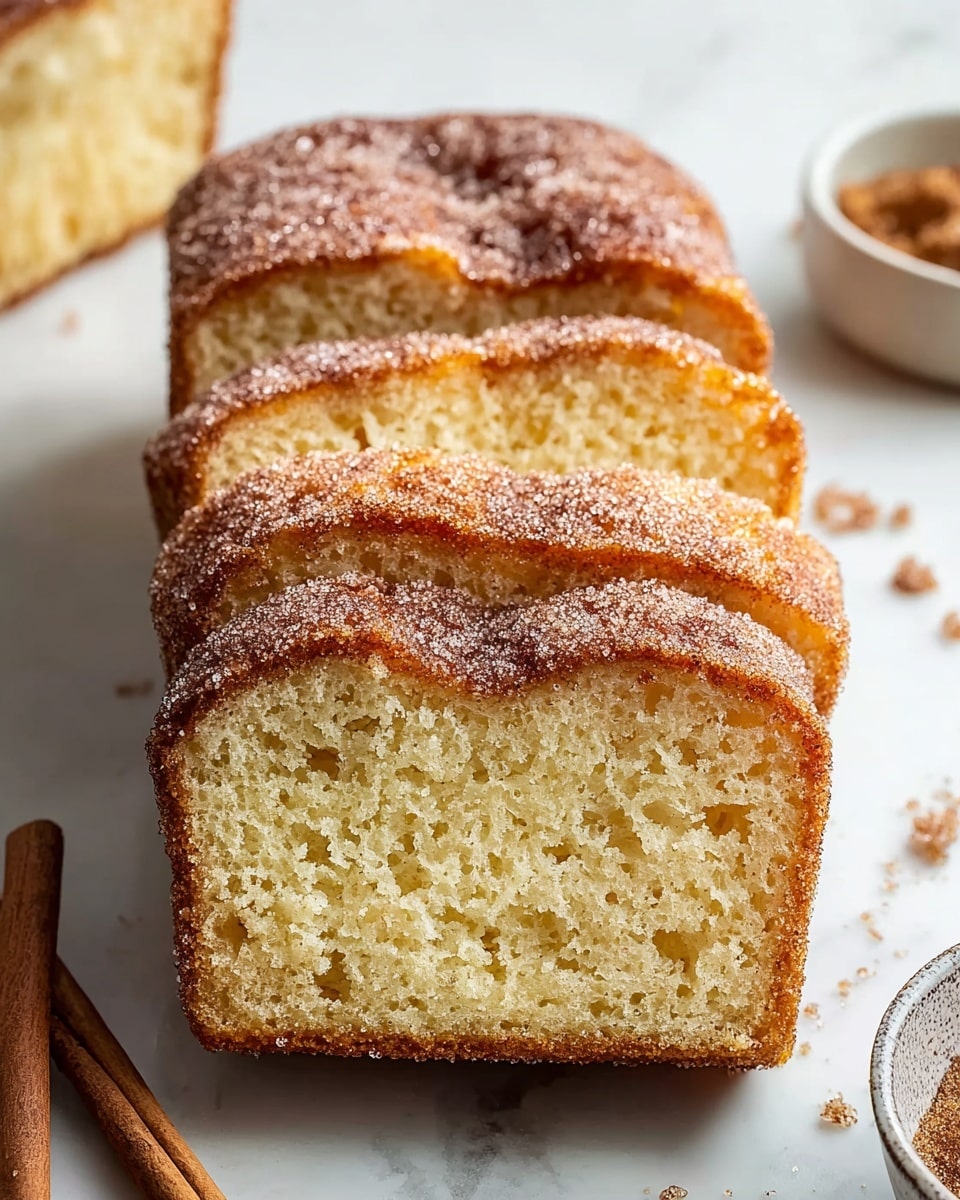 A loaf of cinnamon sugar bread sliced into five thick pieces is placed on a white marbled surface; the bread has a golden-brown crust covered with a sparkling layer of cinnamon sugar, creating a textured, grainy look on top, while the inside shows a soft, light, and fluffy crumb with small air holes in a pale yellow color; scattered cinnamon sugar crystals and a cinnamon stick lie nearby, adding to the cozy, homemade feel. Photo taken with an iphone --ar 4:5 --v 7