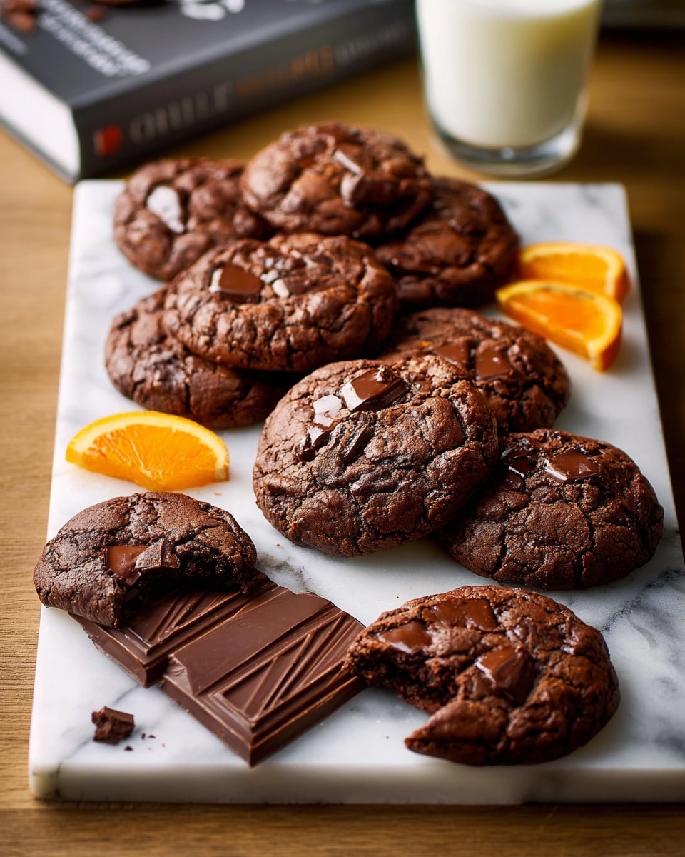A white rectangular board holds nine thick, round chocolate cookies with rough, cracked surfaces and visible chunks of melted dark chocolate scattered on top. One cookie in the top right corner is partially eaten, showing a soft, dense inside. Near the cookies, there is an unwrapped bar of dark chocolate with diagonal lines and the brand name etched on it. Bright orange slices are placed near the chocolate bar, adding a pop of color to the scene. In the background, the board is resting on a wooden table, with a glass of milk and some blurred books visible, all over a white marbled texture. photo taken with an iphone --ar 4:5 --v 7