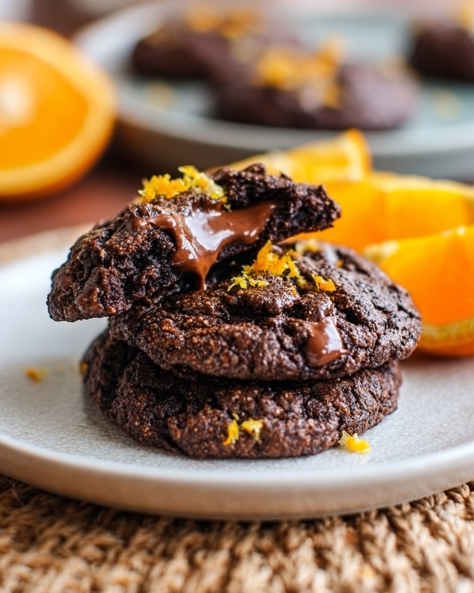 A white plate holds two thick, dark chocolate cookies stacked on top of each other, with the top cookie broken open to show gooey melted chocolate inside. The cookies have a rough, crumbly texture with small chocolate chunks visible. Bright orange zest is sprinkled on top, adding a pop of color. The plate is set on a woven mat, with blurred orange slices and more cookies in the soft background. The photo taken with an iphone --ar 4:5 --v 7