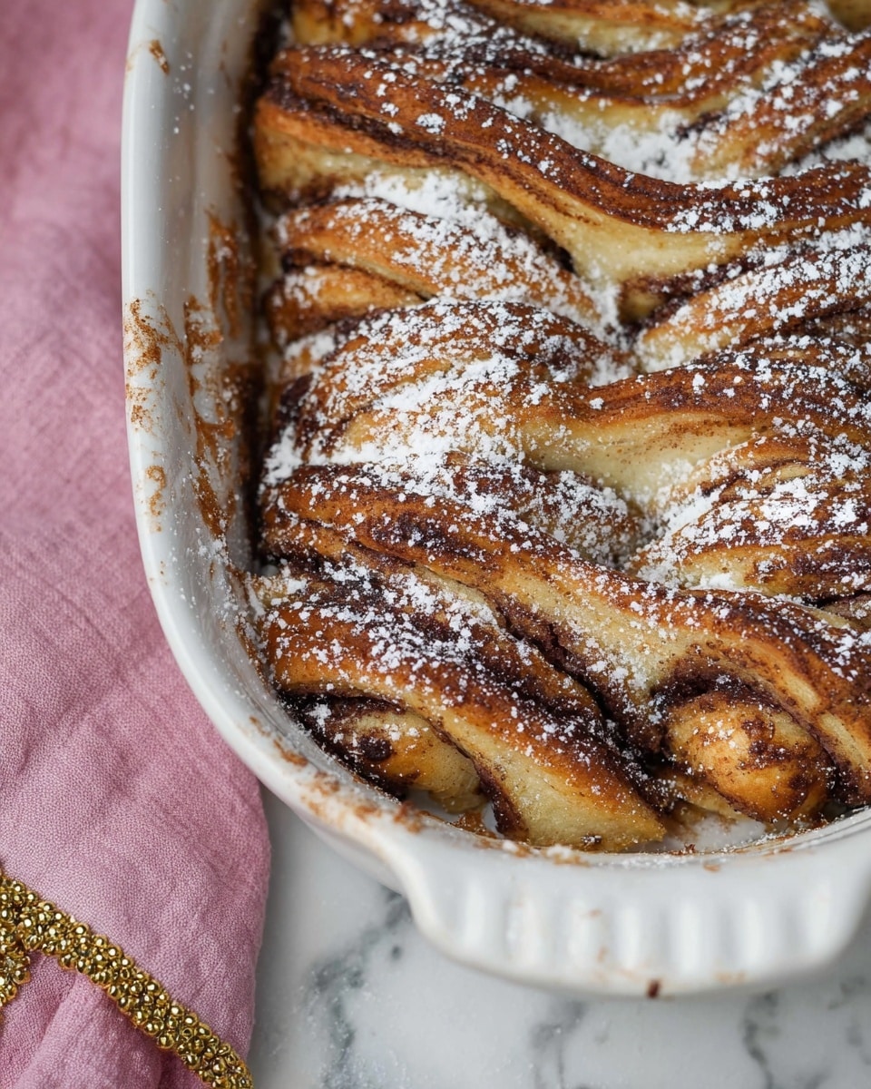 A close-up view of a white ceramic baking dish containing several layers of twisted, baked pastry with a golden brown color and darker chocolate spots. The pastry is dusted unevenly with white powdered sugar, highlighting the swirls and baked texture. The dish sits on a surface with a white marbled texture, and there is a soft pink cloth with gold trim partially visible in the background. Photo taken with an iphone --ar 4:5 --v 7