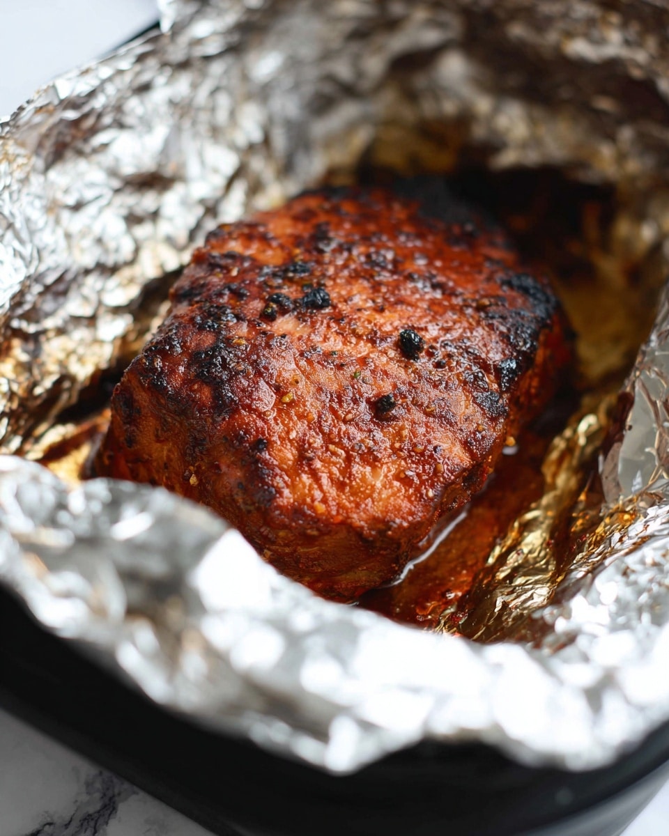 A single piece of cooked meat with a rich, browned crust is shown resting on a crumpled piece of shiny aluminum foil. The meat has a thick, slightly charred outer layer with some blackened spots, and its surface is uneven with a mix of reddish-brown and darker burnt colors. The foil underneath is wrinkled and shows areas of both clean silver and parts that are blackened from cooking. The whole setup sits inside a dark cooking basket with slightly blurred edges. The background is a white marbled texture. Photo taken with an iphone --ar 4:5 --v 7
