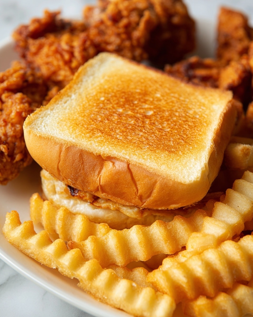 A close-up of a golden brown toasted sandwich bun with a slightly crispy texture on top, resting on a bed of light golden crinkle-cut fries. Around the sandwich bun, there are pieces of crunchy fried chicken with a rough and crispy coating in a warm brown color. All the food is placed on a white plate set on a white marbled surface. photo taken with an iphone --ar 4:5 --v 7