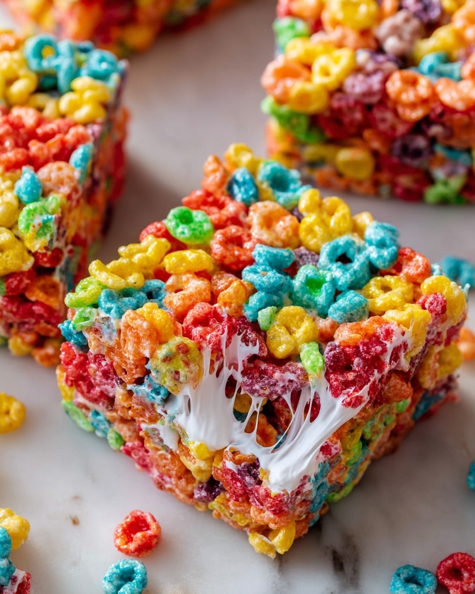 A close-up view of a thick square-shaped treat made from colorful fruity cereal pieces tightly packed together and held by melted marshmallow, forming one visible layer. The cereal pieces are bright red, yellow, green, blue, orange, and purple, creating a fun and vibrant mix. The marshmallow appears white and sticky, stretching between two separated squares, showing its gooey texture. The treat is placed on a white marbled surface with some scattered cereal pieces around. Photo taken with an iphone --ar 4:5 --v 7