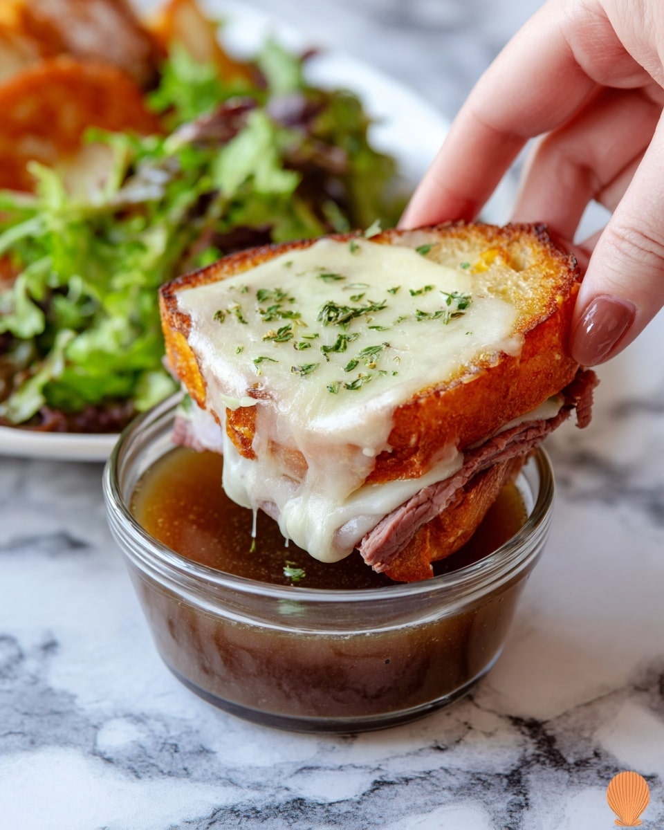 The dish shows an open-faced sandwich on a toasted golden-brown thick slice of bread, topped with several slices of tender, thinly cut brown roast beef and covered with a layer of melted white cheese sprinkled with small green herb bits. On the side of the sandwich, there is a small clear glass bowl filled with a rich brown dipping sauce. Next to it is a small pile of fresh green lettuce leaves. The plate is white with a delicate floral pattern, set on a white marbled surface. A wooden-handled fork is placed to the right of the plate. Photo taken with an iphone --ar 4:5 --v 7