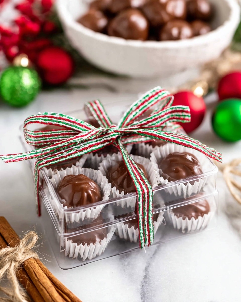 A clear plastic box filled with two layers of shiny brown chocolate candies, each candy sitting in a white paper cup, tied with a red, green, and white striped string bow on top; in the background, there is a white bowl with more round chocolates and some blurred green and red holiday decorations, all set on a white marbled surface with a small bundle of cinnamon sticks tied with twine visible in the corner, photo taken with an iphone --ar 4:5 --v 7