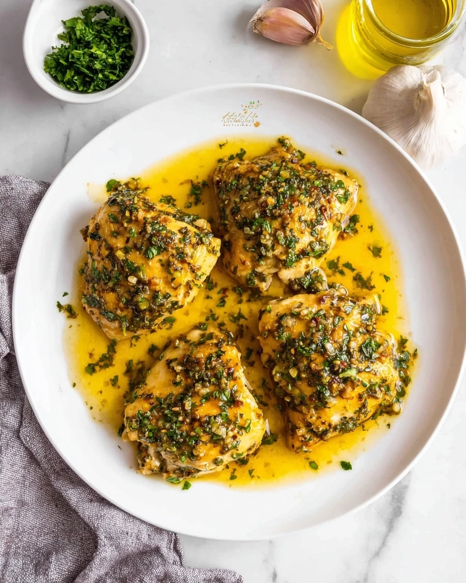A white plate holds four pieces of cooked chicken with a golden-yellow sauce that looks oily and shiny. Each piece is covered with finely chopped green herbs and small bits of garlic, making the chicken look flavorful and moist. The sauce pools around the chicken, giving a glossy texture. In the background on the white marbled surface, there is a small white bowl filled with chopped green herbs, a clear glass container of olive oil, and a whole garlic bulb. A gray cloth is partly visible on the side. The overall setting is bright and clean, showing a fresh and tasty dish. photo taken with an iphone --ar 4:5 --v 7