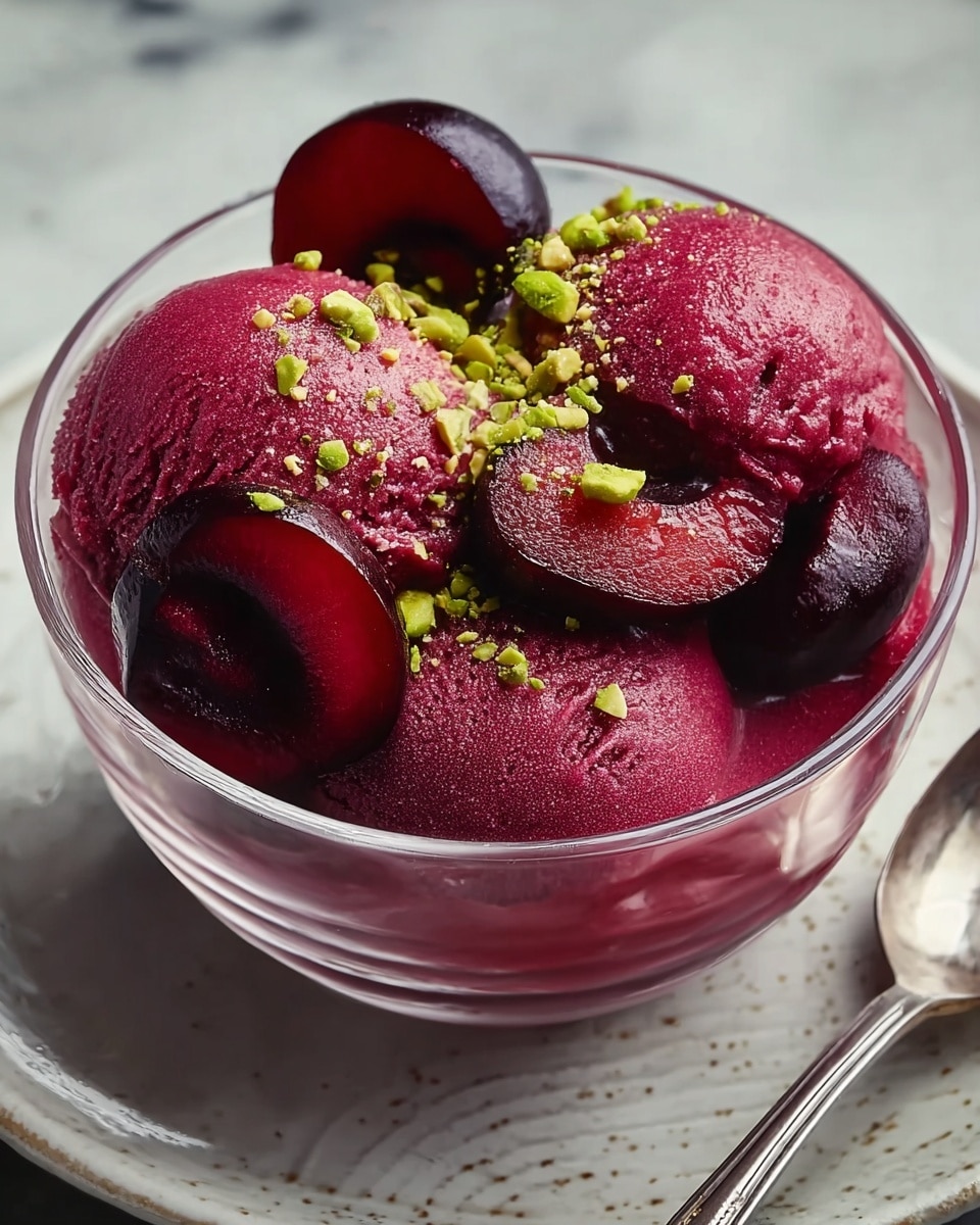 A clear glass bowl contains three scoops of deep red-purple ice cream or sorbet with a smooth, slightly creamy texture. Around and on top of the scoops, there are thick slices of dark red cherries with a shiny, juicy surface. Small bits of bright green crushed pistachio are sprinkled lightly over the ice cream and cherries. The bowl is resting on a white plate with a textured edge and is placed on a white marbled surface. A metal spoon lies beside the bowl on the right side. photo taken with an iphone --ar 4:5 --v 7