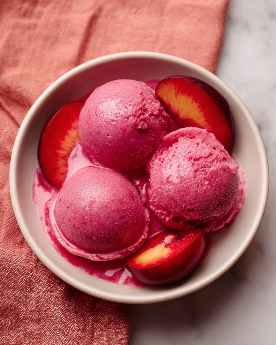 The image shows a white bowl filled with three smooth, round scoops of bright pink sorbet, slightly melting and creating a glossy surface. Around and partly under the sorbet scoops are several slices of fresh, deep red plums with a glossy texture. The sorbet has a creamy and slightly grainy texture with some darker pink specks throughout. The bowl is placed on a white marbled surface with a soft coral-colored cloth beneath it. photo taken with an iphone --ar 4:5 --v 7