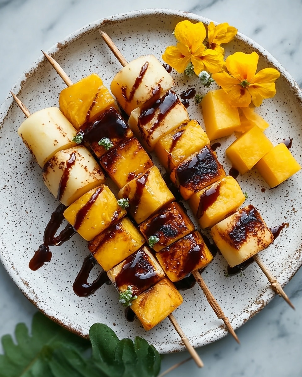 The image shows three skewers on a white speckled plate, each with alternating cubes of golden yellow and light beige grilled fruit or food pieces. The lighter cubes have a slightly charred texture with dark grill marks and are drizzled with a shiny, dark brown sauce. The darker yellow cubes look soft and moist. There are extra cubes of the yellow fruit on the side of the plate. Bright yellow flowers and a green leaf decorate the white marbled background around the plate. photo taken with an iphone --ar 4:5 --v 7