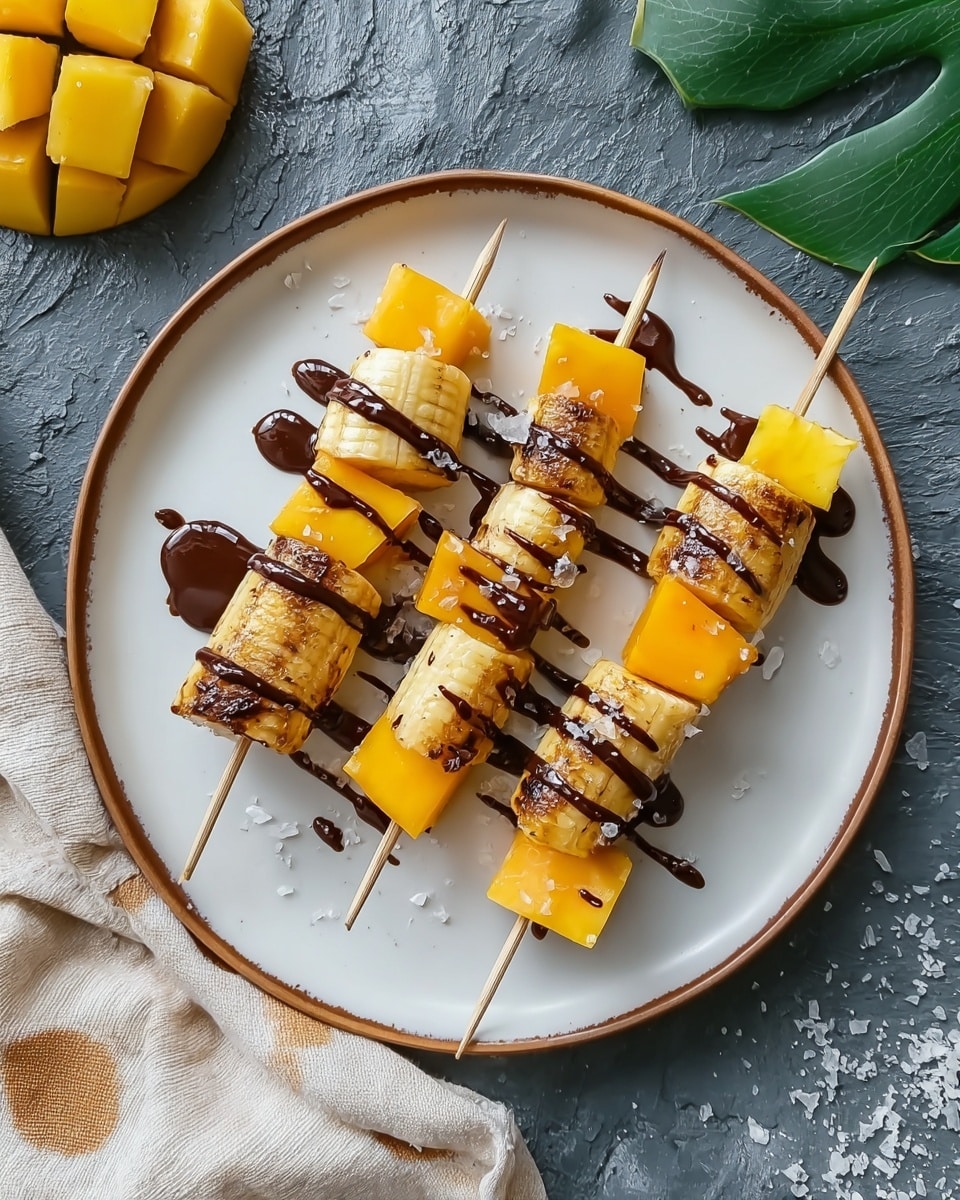 Three wooden skewers arranged on a round white plate with a thin brown edge, each skewer holding several lightly browned, grilled yellowish pieces that look like banana or pineapple, alternating with bright orange mango cubes. The skewers are drizzled with dark chocolate sauce that pools slightly on the plate, and small white grains, possibly coarse salt or sugar, are sprinkled around. The plate sits on a white marbled texture, with a chopped yellow fruit visible in the upper left corner and a green leaf in the upper right. A beige cloth with light brown spots is partially visible at the bottom left. Photo taken with an iphone --ar 4:5 --v 7