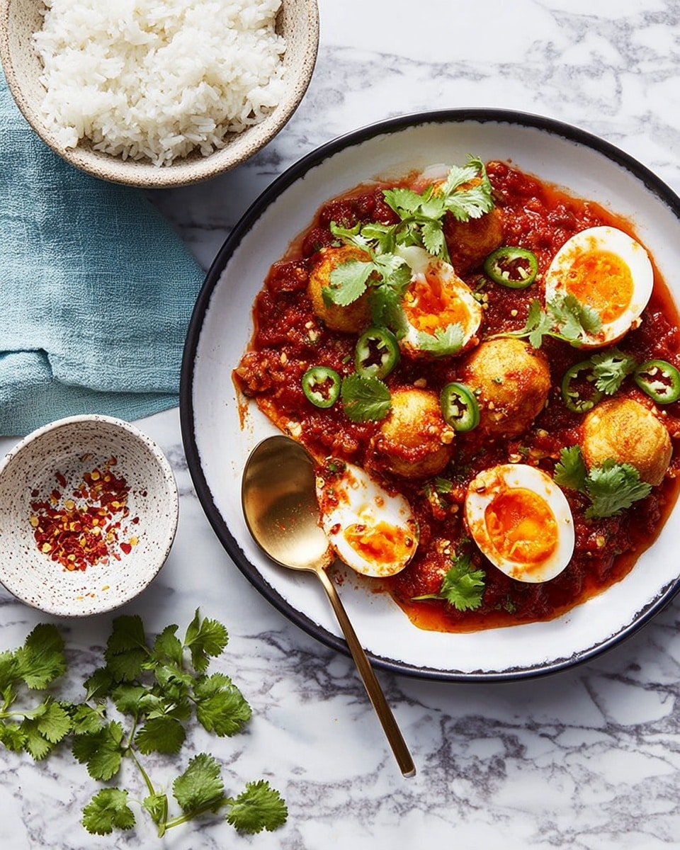 A white plate with a black rim holds a dish of halved boiled eggs with a bright orange yolk, covered in a textured deep red tomato sauce with chunks. On top, there are round golden brown balls and slices of green chili scattered around. Fresh green cilantro leaves are spread over the dish. A golden spoon sits inside the plate on the left side. Next to the plate on a white marbled surface, a small white bowl contains white rice garnished with a cilantro leaf. In front of the rice bowl, there is a white speckled small bowl with sliced green chili and crushed red spice flakes, with a few extra cilantro leaves around it. A light blue cloth is partially visible on the upper left side. photo taken with an iphone --ar 4:5 --v 7