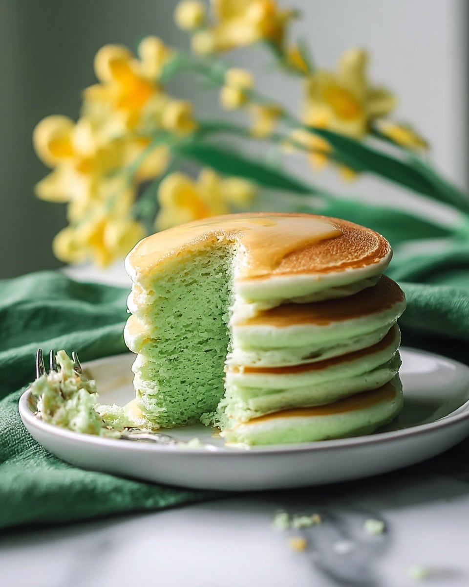 A stack of four thick, fluffy pancakes with a light green color sits centered on a white plate placed on a green cloth over a white marbled surface. The top pancake has a slightly golden-brown edge with a pancake-sized bite taken out from the front side, revealing the soft, airy, and vibrant green inside layers. A few crumbs from the bite are scattered on the plate. In the background, out of focus, there are delicate yellow flowers and green leaves adding a lively touch to the scene. The image has soft, natural lighting highlighting the texture of the pancakes. photo taken with an iphone --ar 4:5 --v 7