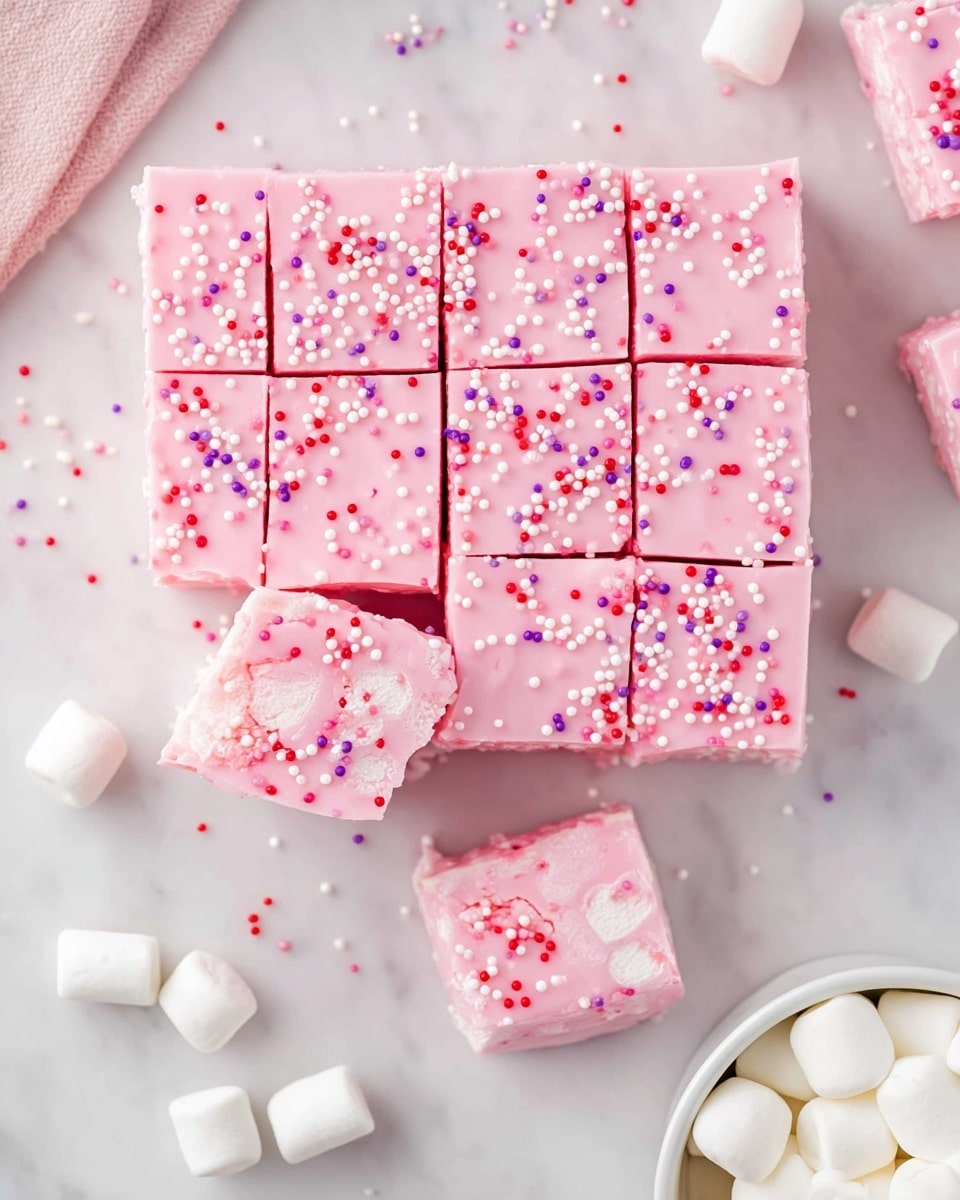 The image shows a white marble surface with a large square of pink fudge cut into nine smaller squares. The fudge has a smooth pink top layer covered evenly with small round sprinkles in white, red, and purple colors. Two of the smaller squares are separated and turned slightly to show the inside, which is light pink with visible white mini marshmallows embedded inside. Around the fudge, there are scattered white mini marshmallows and some loose sprinkles. A white bowl filled with more white mini marshmallows is partially visible in the bottom right corner. The setting looks bright and clean. photo taken with an iphone --ar 4:5 --v 7