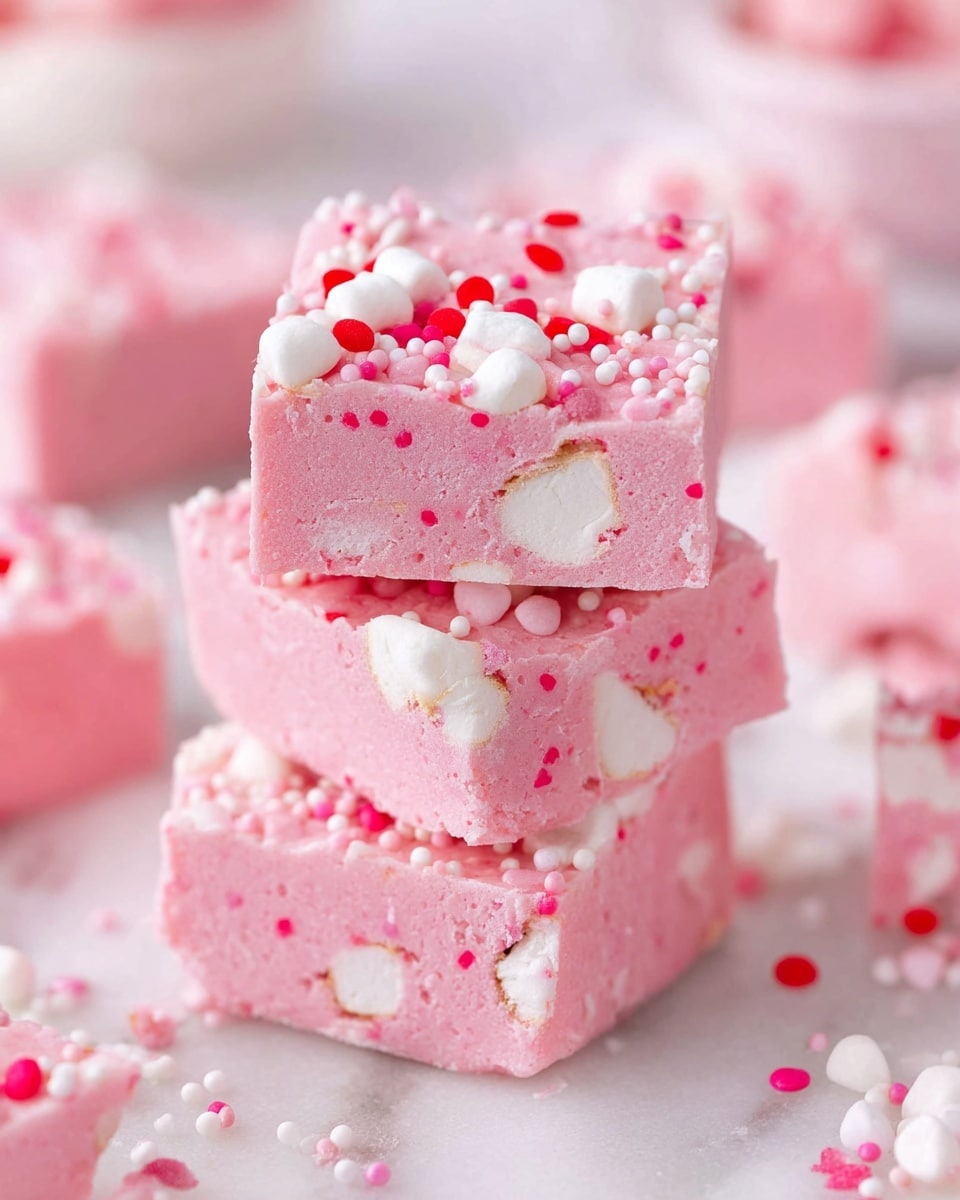 The image shows a stack of three square pink fudge pieces with visible white marshmallow chunks inside each layer, giving a soft, fluffy texture. The fudge has a smooth, thick pink base and top layer covered with small round red, white, and pink sprinkles scattered mainly on the top. The fudge is placed on a white marbled surface with some extra pieces and sprinkles around, creating a bright and sweet look. photo taken with an iphone --ar 4:5 --v 7