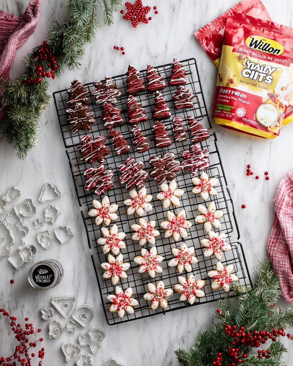The image shows a black cooling rack filled with five rows of small chocolate cookies in festive shapes, arranged neatly on a white marbled surface. The top row has star cookies topped with red and white drizzle. The second row features Christmas tree-shaped cookies with red and white drizzle. The third row has snowflake cookies with white drizzle and red sprinkles. The fourth row shows flower-shaped cookies partially covered in white icing with red sprinkles added on top. The bottom row has flower-shaped cookies with white icing drizzled on the petals and red sprinkles. Around the rack, there are two bags of Wilton Candy Melts, one white and one red, a small container of peppermint crunch sprinkles, several white cookie stamps with various designs, and some festive greenery with red berries in the bottom left corner. photo taken with an iphone --ar 4:5 --v 7