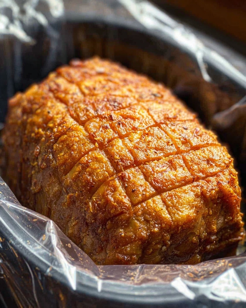 The image shows a golden-brown roast with a textured and slightly crispy crust on top, scored with a grid-like pattern of shallow cuts. The roast is placed inside a black cooking vessel lined with plastic wrap, which adds contrast to the warm colors and crunchy surface of the meat. The surface around the roast is not visible, focusing attention on the roasted meat's detailed crust and texture. photo taken with an iphone --ar 4:5 --v 7